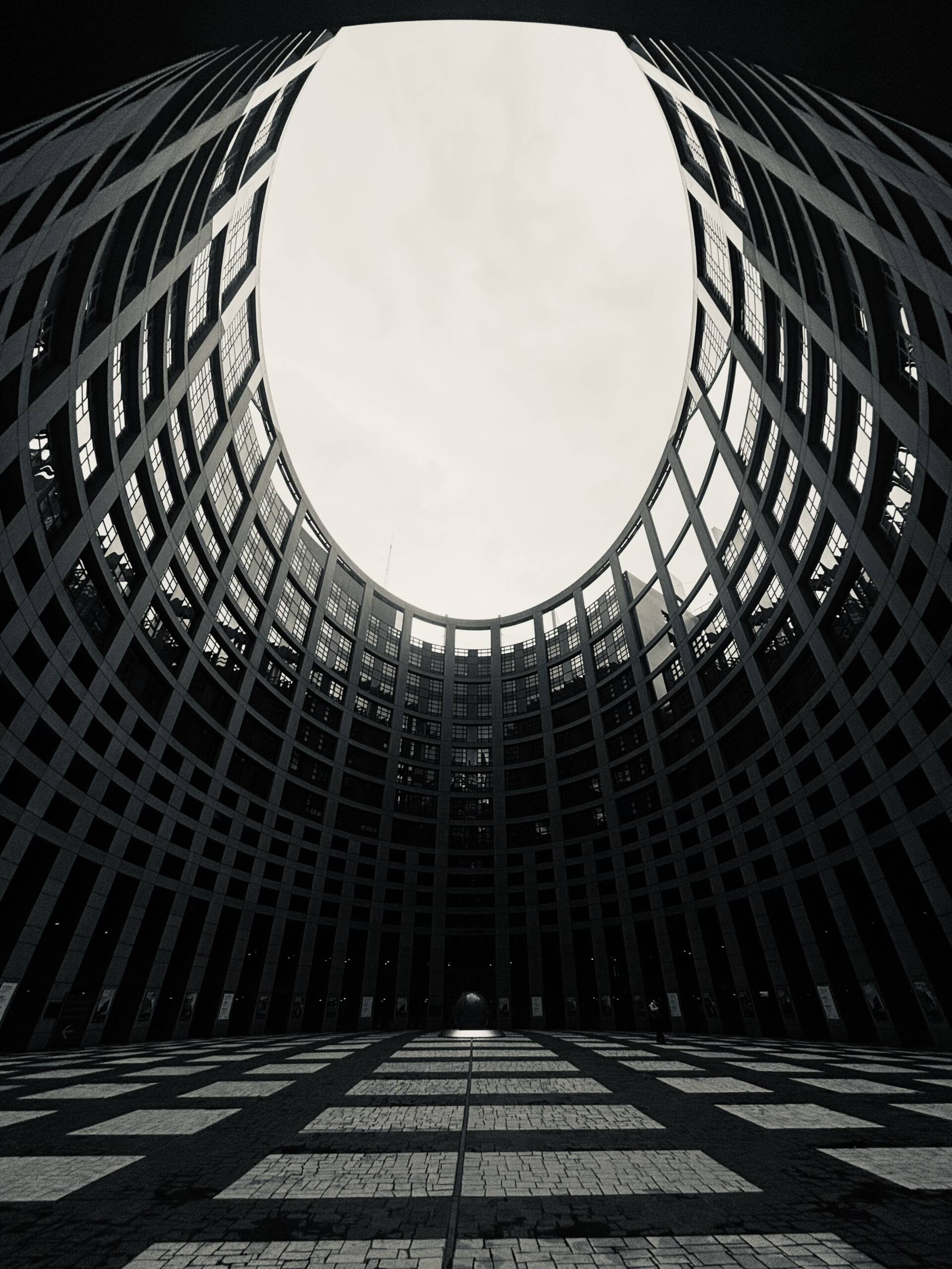 The oval inner courtyard of the European Parliament in Strasbourg, known as Bronisław Geremek Agora